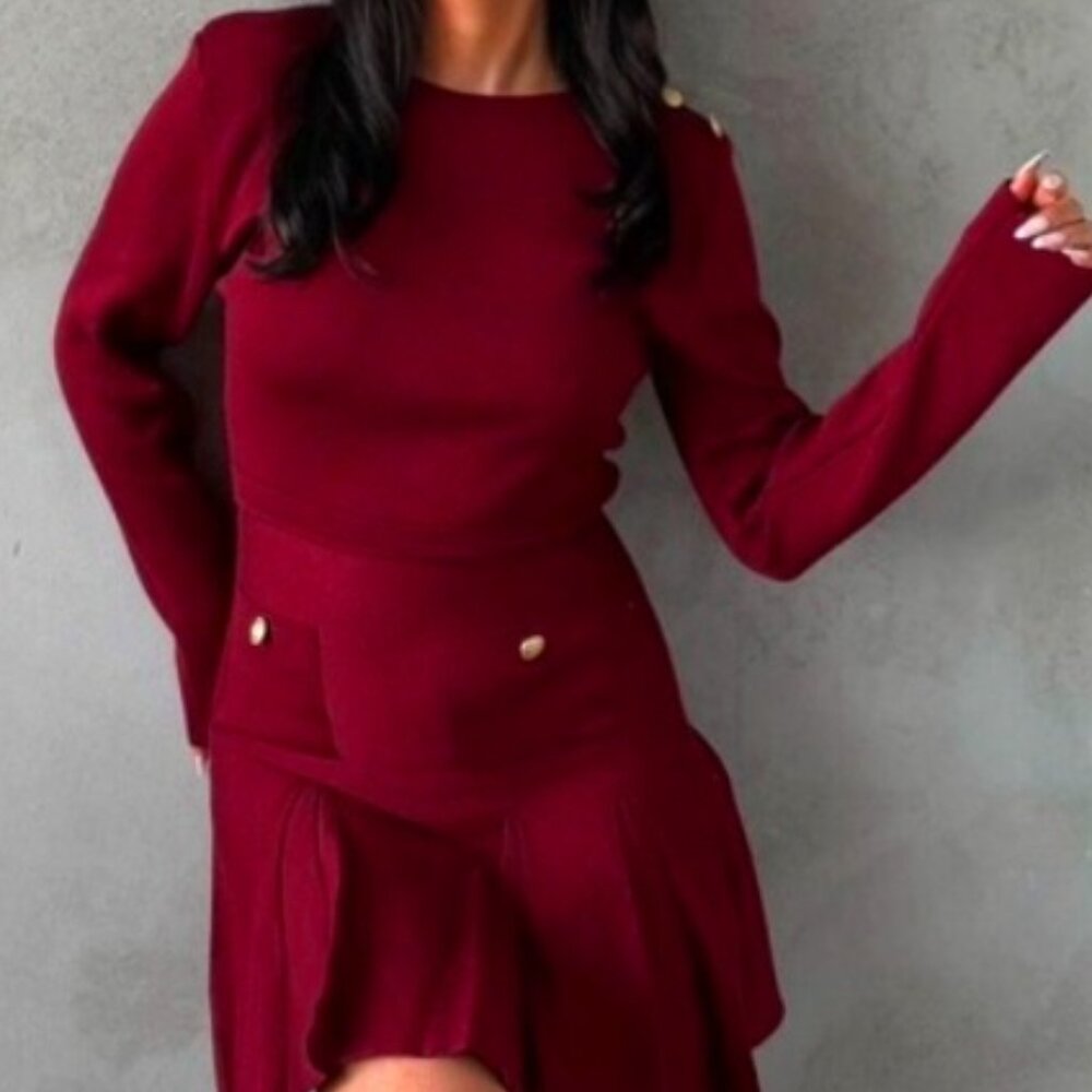 Zara Burgundy Long Sleeve Flare Skirt Button Dress Size L NWT $69 Retails